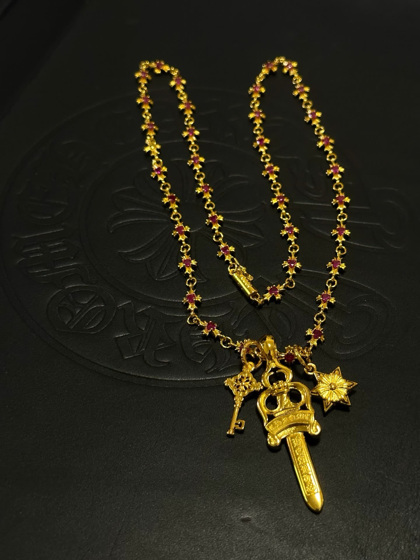 Chrome Hearts Royal Gold and Ruby Necklace with Sword Pendant